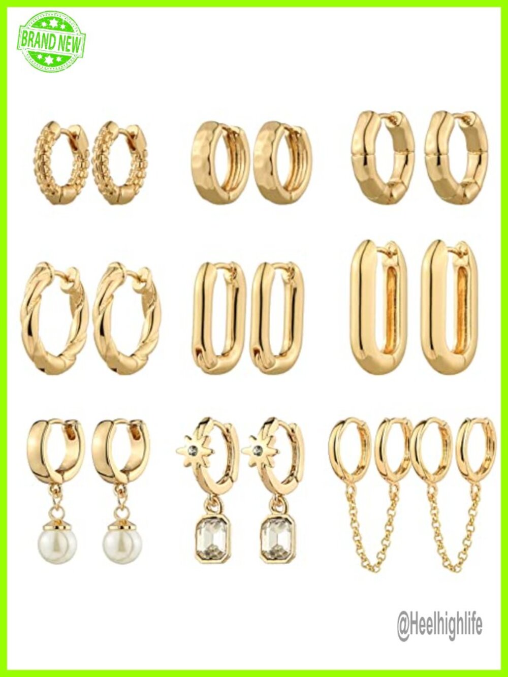 9 Pairs 14K Gold Plated Chunky Hoop Earrings Set Hypoallergenic